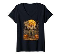 Donna Jack O Lantern Spaventapasseri Gotico Halloween Luna Art Maglietta con Collo a V