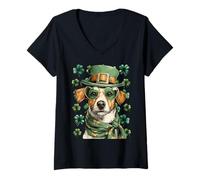 Donna Jack Russell - Occhiali da Sole con quadrifogli e Cuori, per San Patrizio Maglietta con Collo a V