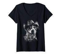 Donna Jack Russell Rustico Che beve caffè Freddo Cane Cowboy Occidentale Maglietta con Collo a V