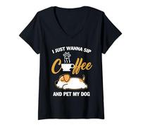 Donna Jack Russell Terrier I Just Wanna Sip Coffee Pet My Dog Maglietta con Collo a V