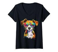 Donna Jack Russell Terrier Occhiali da Sole Amante Jack Russells Maglietta con Collo a V