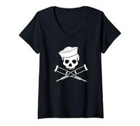 Donna Jackass Sailor Skull & Crossbones Logo Maglietta con Collo a V
