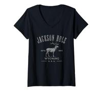 Donna Jackson Hole Wyoming Estd 1892 con Design Invecchiato Alce Maglietta con Collo a V