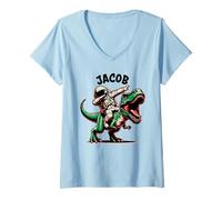 Donna Jacob Dabbing Astronauta su Un Cartone Animato Dinosauro Maglietta con Collo a V