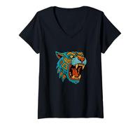 Donna Jaguar Maya Azteco Nativo Messicano Orgoglio Messicano Mitologia Maglietta con Collo a V