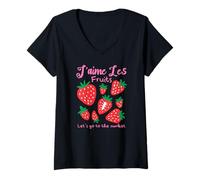 Donna J'aime Les Fruits Mercato Francese Fragola Carino Kawaii Maglietta con Collo a V