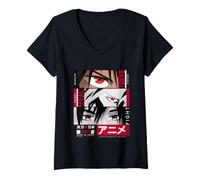 Donna Japan Anime Warrior Eyes Illustration Graphic Anime Maglietta con Collo a V