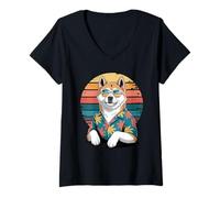 Donna Japanese Akita Inu Occhiali da Sole Hawaii Spiaggia Estate Maglietta con Collo a V