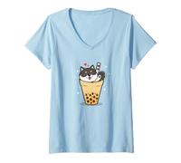 Donna Japanese Bubble Boba Tea Kawaii Tri Color Black Shiba Inu Maglietta con Collo a V