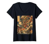 Donna Japanese Dragon Art Vintage Ukiyo-e Style Maglietta con Collo a V