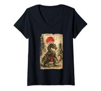 Donna Japanese Dragon Samurai Warrior Vintage Graphic Ukiyo-e Art Maglietta con Collo a V