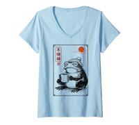 Donna Japanese Grumpy Frog Drinking Coffee Funny Ukiyo Caffeine Maglietta con Collo a V