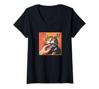 Donna Japanese Horror Anime, Vintage Cat Bite Maglietta con Collo a V