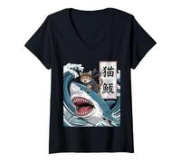 Donna Japanese Ninja Samurai Cat Riding Shark Retro Distressed Maglietta con Collo a V