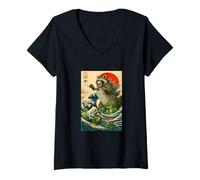 Donna Japanese Raccoon with Funny Animals, Raccoonzilla Graphic Maglietta con Collo a V