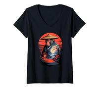 Donna Japanese Style Art Ronin Macaco Samurai Macachi Maglietta con Collo a V