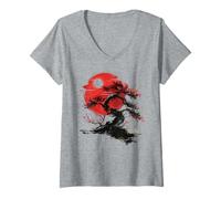 Donna Japanese Tree Buddhism Red Moon Aesthetic Buddhist Maglietta con Collo a V