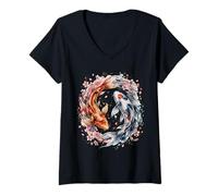 Donna Japanese Yin Yang Koi Fish Sakura Watercolor Maglietta con Collo a V