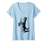 Donna Jazz Gatto Suonare Sassofono Musica Maglietta con Collo a V