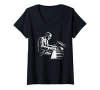 Donna Jazz Pianoforte Minimal Music Illustrazione Maglietta con Collo a V