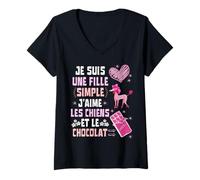 Donna Je Suis Une Fille Simple J'aime Les Chiens et Le Chocolat Maglietta con Collo a V