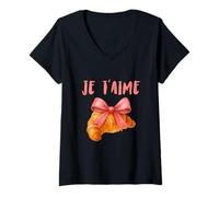 Donna Je T'Aime Un Croissant con Fiocco Rosa Carino Grafica Acquerello Maglietta con Collo a V