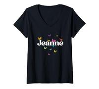 Donna Jeanne - Bellissimo Nome di Ragazza con Farfalle Colorate Maglietta con Collo a V