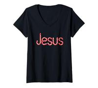 Donna Jesus: Christian Faith Candy Cane Red & White Text Christmas Maglietta con Collo a V