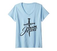 Donna Jesus Cross Team Jesus Saves Cross Christian Religious Faith Maglietta con Collo a V