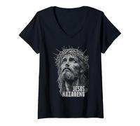 Donna Jesus Face Crown of Thorns God Bible Christian Easter Maglietta con Collo a V