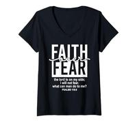 Donna Jesus Faith Over Fear Black White Psalm 118:6 Christian God Maglietta con Collo a V