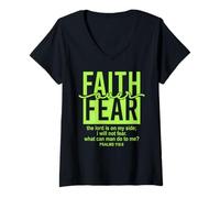 Donna Jesus Faith Over Fear Green Psalms 118:6 Christian Scripture Maglietta con Collo a V