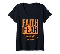 Donna Jesus Faith Over Fear Orange Psalm 118:6 Christian Scripture Maglietta con Collo a V