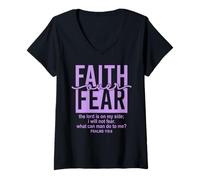 Donna Jesus Faith Over Fear Purple Psalm 118:6 Christian Scripture Maglietta con Collo a V