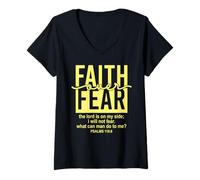 Donna Jesus Faith Over Fear Yellow Psalm 118:6 Christian Scripture Maglietta con Collo a V