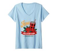 Donna Jesus Fills My Cup Psalm 23:5 Positive Faith Quote Maglietta con Collo a V