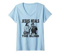 Donna Jesus Heals The Blind Funny Baseball Softball Arbitro Maglietta con Collo a V