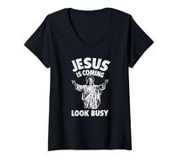 Donna Jesus Is Coming Look Busy Divertente Design Cristiano Maglietta con Collo a V