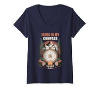 Donna Jesus is My Compass - Proverbs 3:6 Christian Faith Camping Maglietta con Collo a V