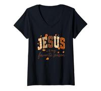 Donna Jesus Is My Favorite Season Fall Christian Leopard Plaid Maglietta con Collo a V