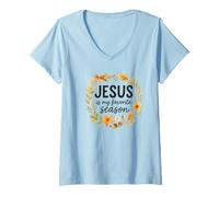 Donna Jesus Is My Favorite Season Fall Wreath Watercolor Maglietta con Collo a V