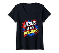 Donna Jesus Is My Superhero Christian God Religious Comic Kids Boy Maglietta con Collo a V