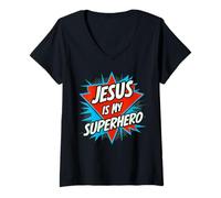 Donna Jesus Is My Superhero Christian God Religious Comic Kids Boy Maglietta con Collo a V