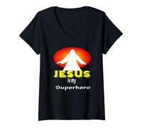 Donna Jesus is my Superhero. Christian T-shirt. Gift Fans Gesù Maglietta con Collo a V