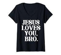 Donna Jesus Loves You Bro Christian Believer Faith God Religious Maglietta con Collo a V