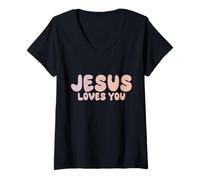 Donna Jesus Loves You Maglietta con Collo a V