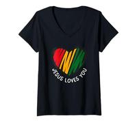 Donna Jesus Loves You, Oro Rosso E Verde Gesù Amore, Reggae Jesus Maglietta con Collo a V