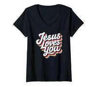 Donna Jesus Loves You Retro Vintage Christian Men Women Kids Maglietta con Collo a V