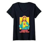 Donna Jesus Loves You Sacro Cuore Fede Cristiana Retro Pop Art Maglietta con Collo a V
