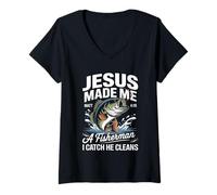 Donna Jesus Made Me a Fisherman I Catch He Cleans Christian Bible Maglietta con Collo a V